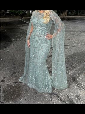 Embellished Sage Green Maxi Gown with Flowing Cape Sleeves